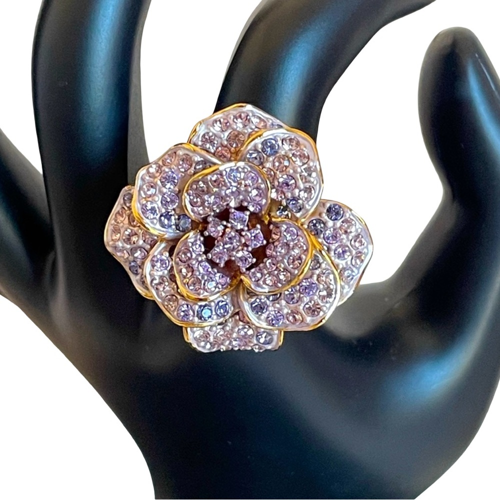 Vintage Signed Joan Rivers Gold Plated Lilac Pave Glam Rose Ring Size 8
